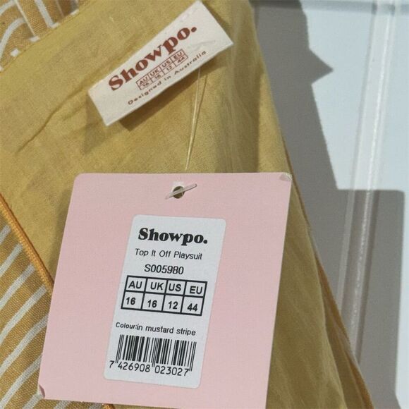 Showpo Mustard Stripe Playsuit Romper US 12 NWT Deep V Belted Summer Cottagecore - Picture 7 of 7